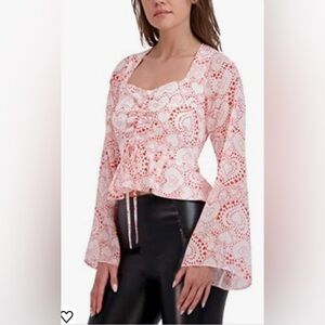 BCBGeneration peplum bell long sleeve sweetheart sheer white red valentines top